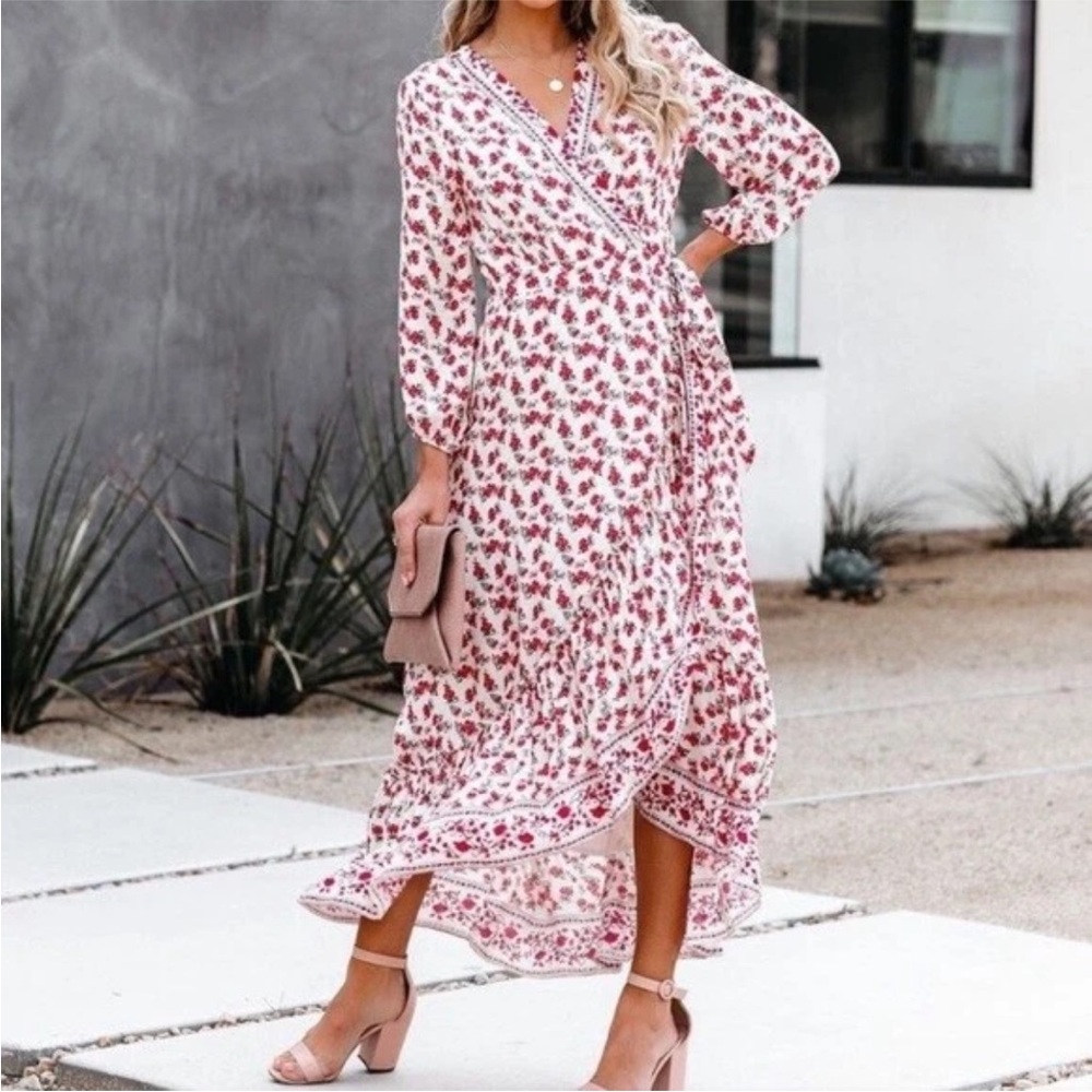 Anthropologie If By Sea Red Los Angeles Floral Wrap Dress Cottagecore Prairie XS